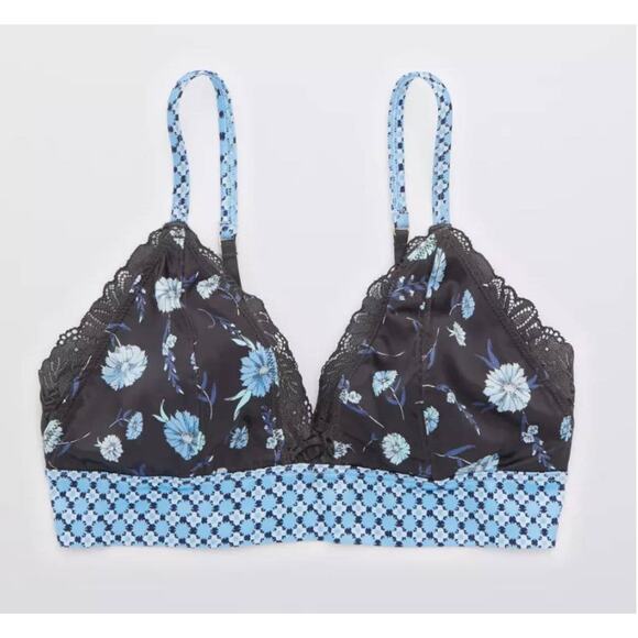 aerie Other - Aerie Shine Triangle Bralette Blue and Black Floral Lace size Large